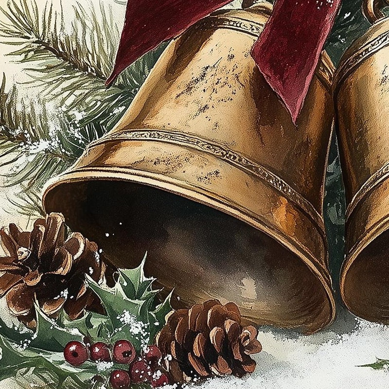 Brass Bells Christmas art print close-up detail