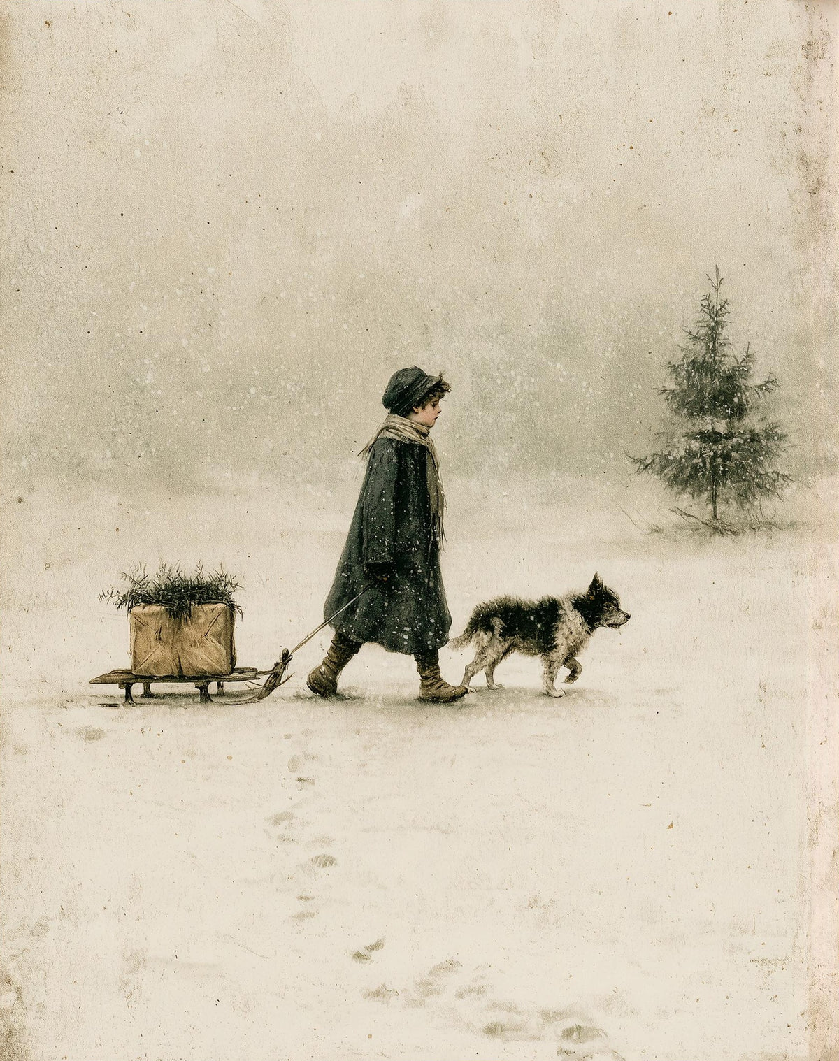 Child & Dog winter art print unframed, signed by Pattie Overcash