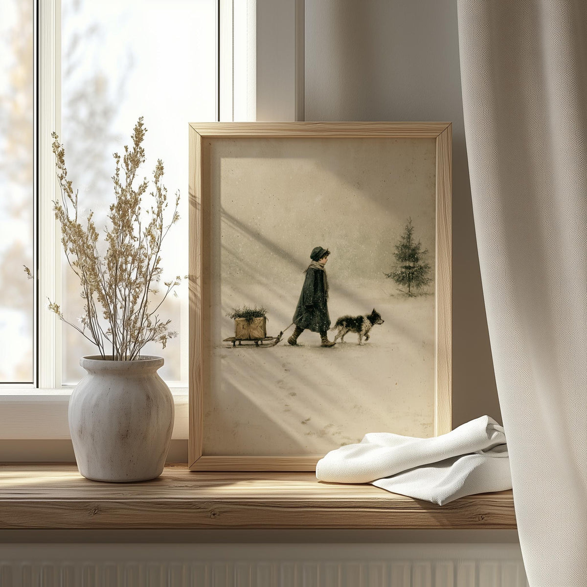 Child & Dog winter art print shown in a room setting