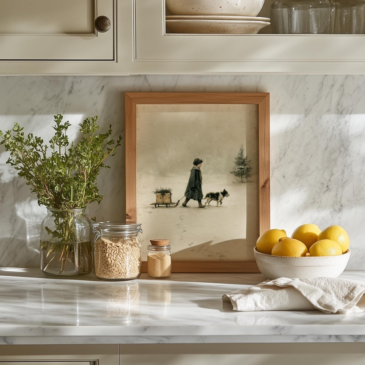 Child & Dog winter art print shown in a room setting