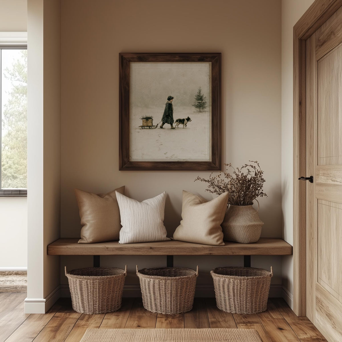 Child & Dog winter art print shown in a room setting