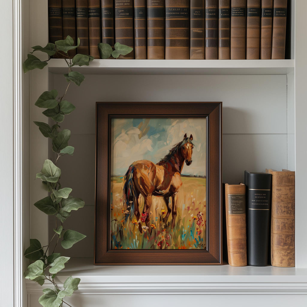 Horse Meadow animal art print shown in a room setting