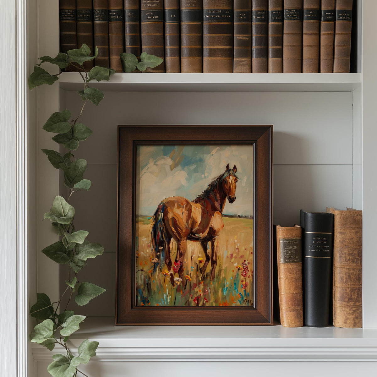Horse Meadow animal art print shown in a room setting