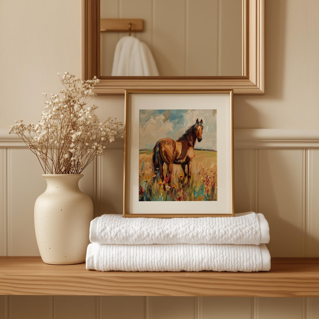 Horse Meadow animal art print shown in a room setting