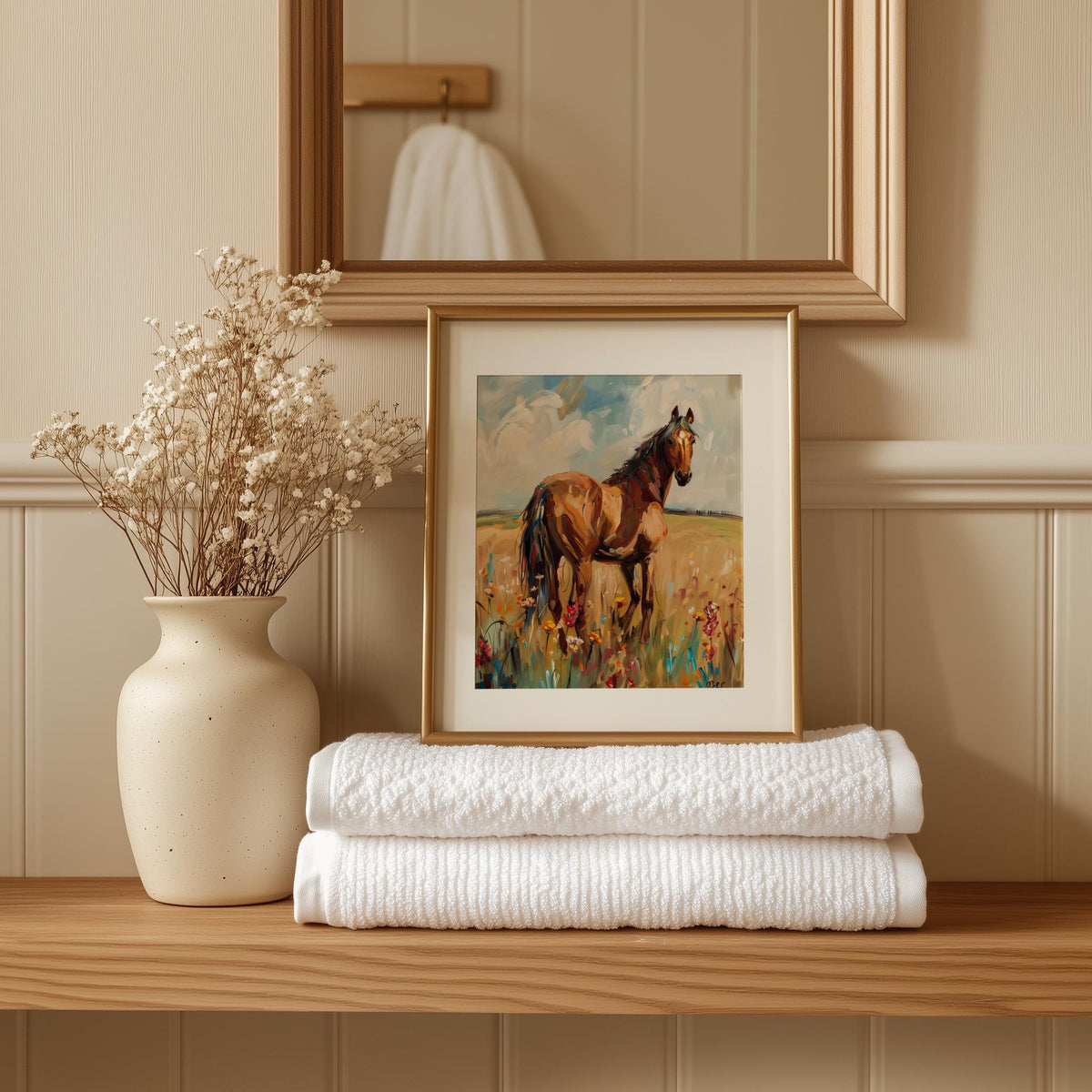 Horse Meadow animal art print shown in a room setting