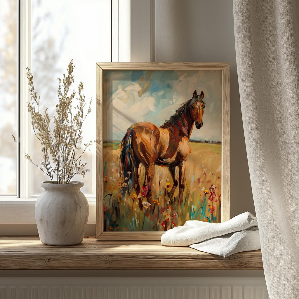 Horse Meadow animal art print shown in a room setting