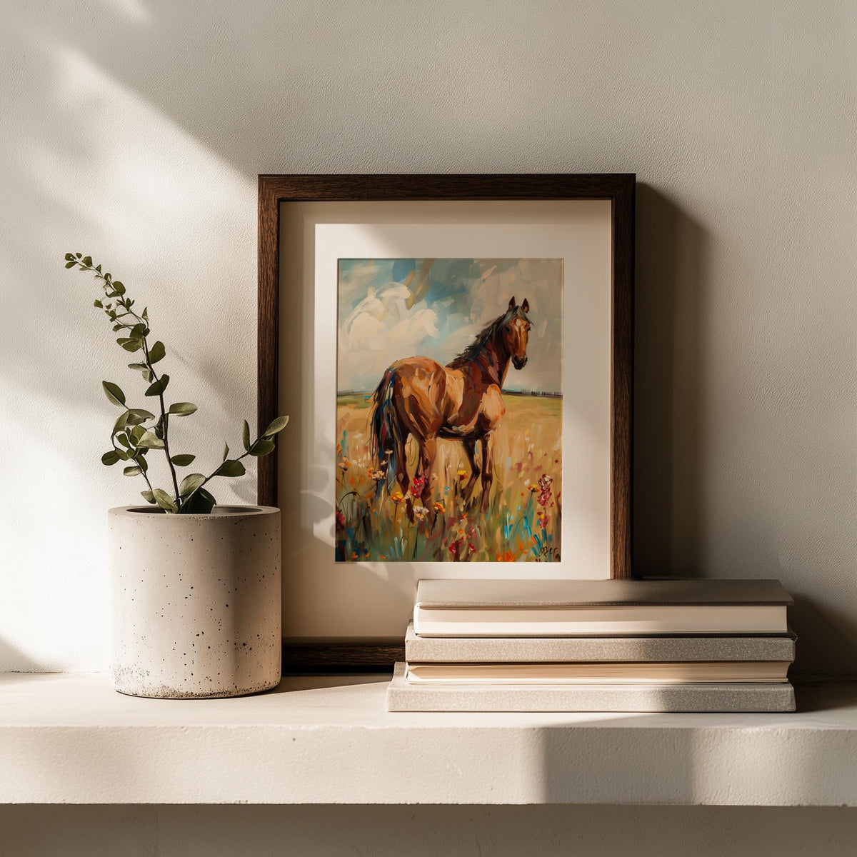 Horse Meadow animal art print shown in a room setting