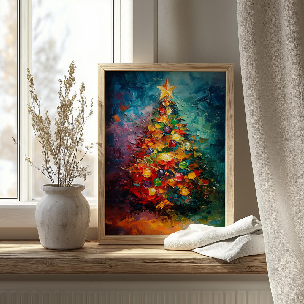 Abstract Tree Christmas art print shown in a room setting