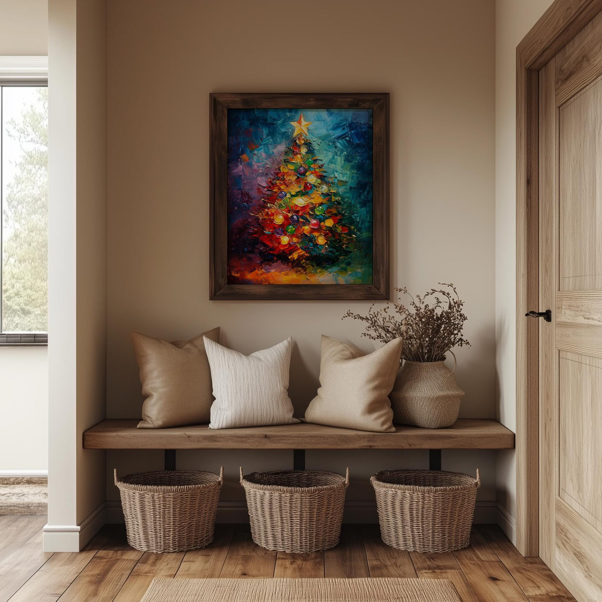 Abstract Tree Christmas art print shown in a room setting