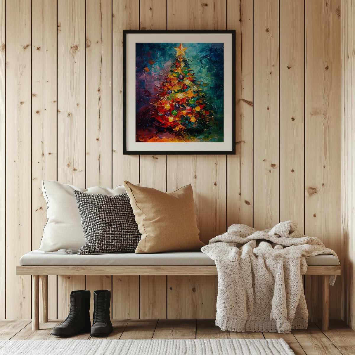 Abstract Tree Christmas art print shown in a room setting