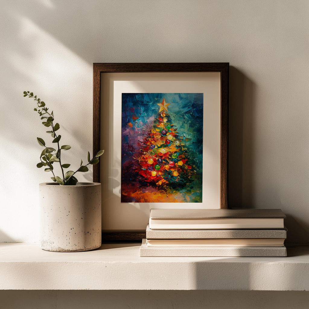 Abstract Tree Christmas art print shown in a room setting