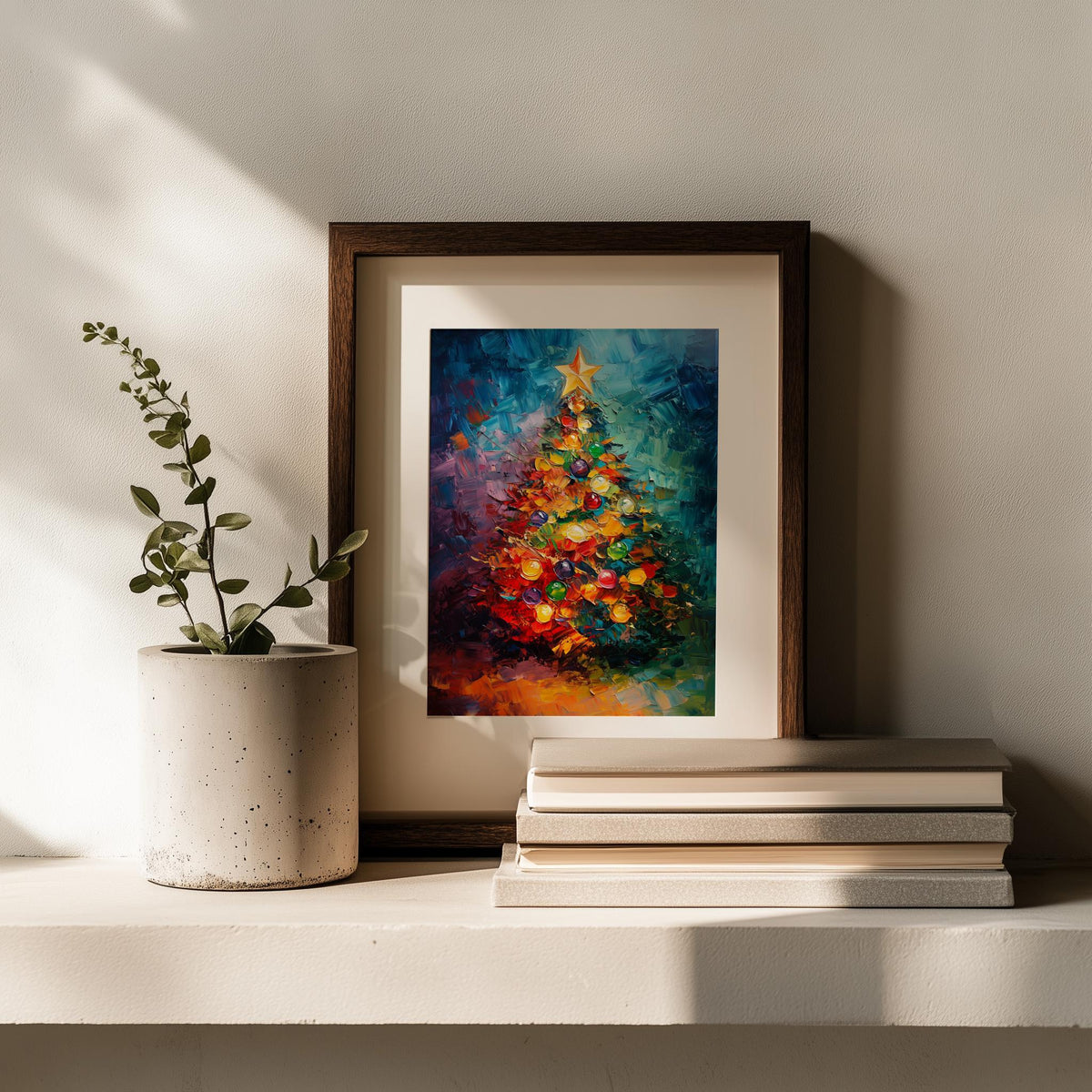 Abstract Tree Christmas art print shown in a room setting