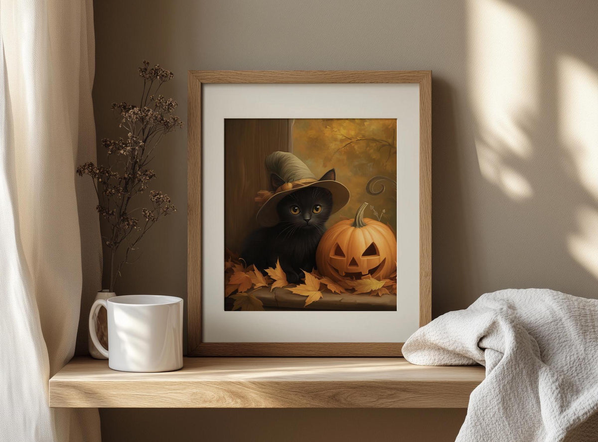 Kitten Jack-o-Lantern Halloween art print shown in a room setting