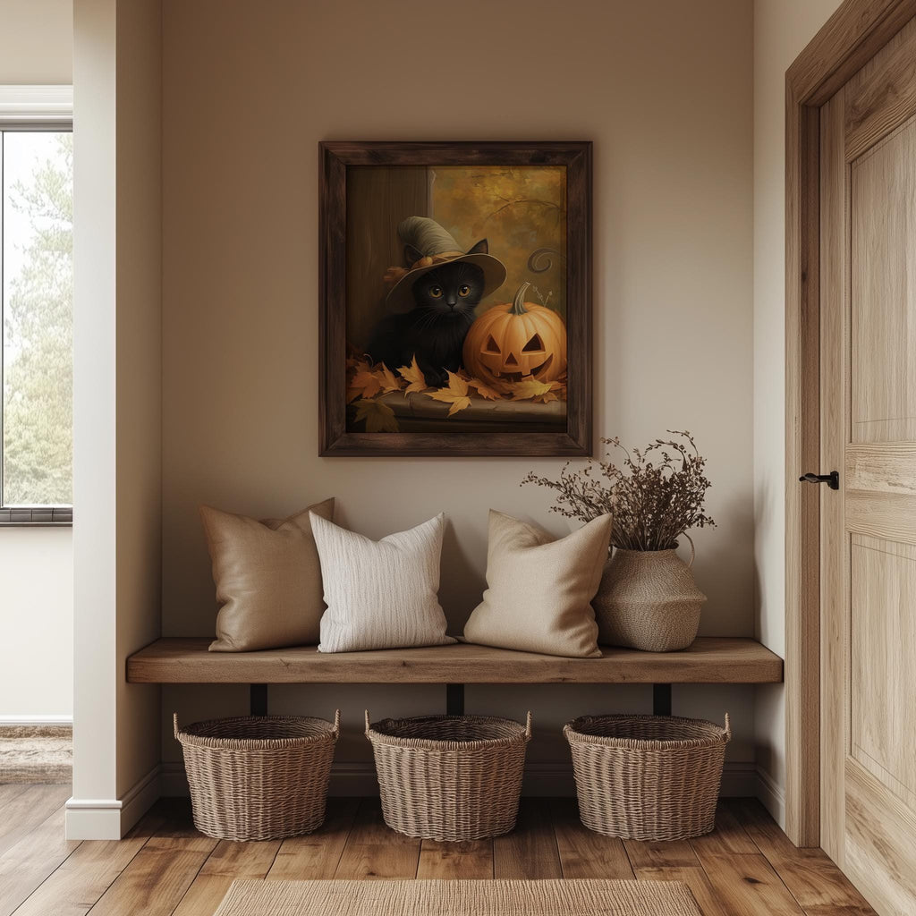 Kitten Jack-o-Lantern Halloween art print shown in a room setting