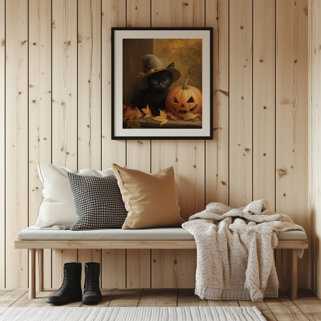 Kitten Jack-o-Lantern Halloween art print shown in a room setting