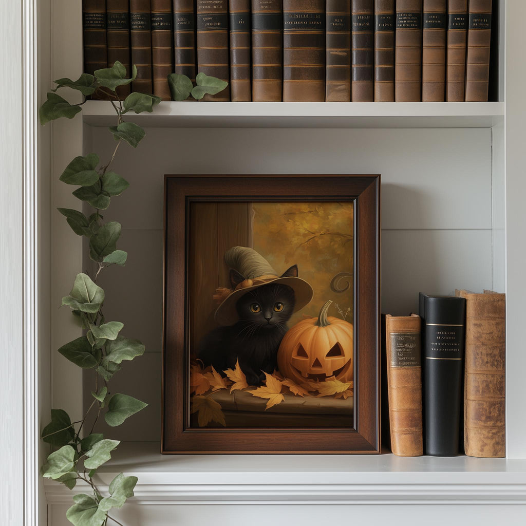 Kitten Jack-o-Lantern Halloween art print shown in a room setting