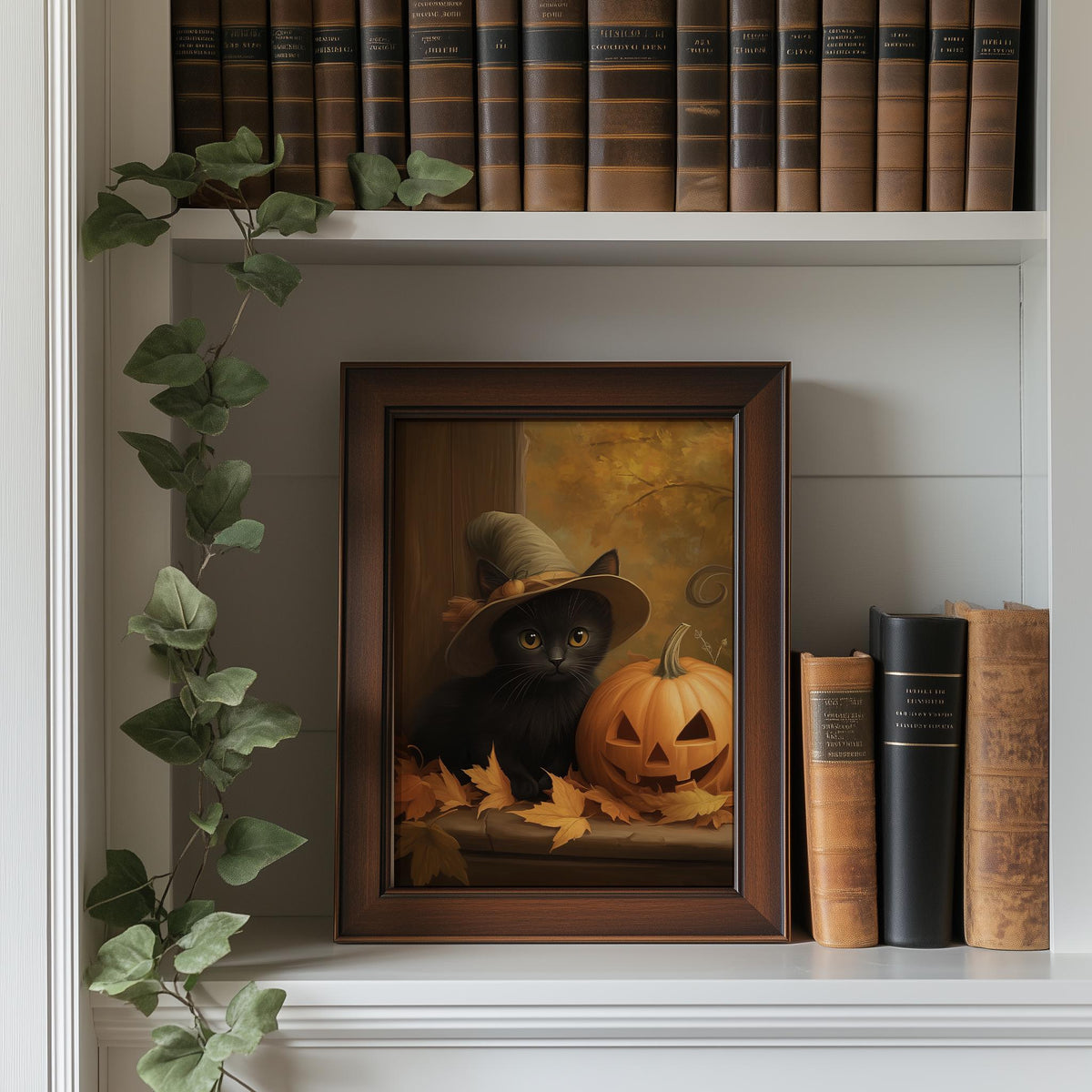 Kitten Jack-o-Lantern Halloween art print shown in a room setting
