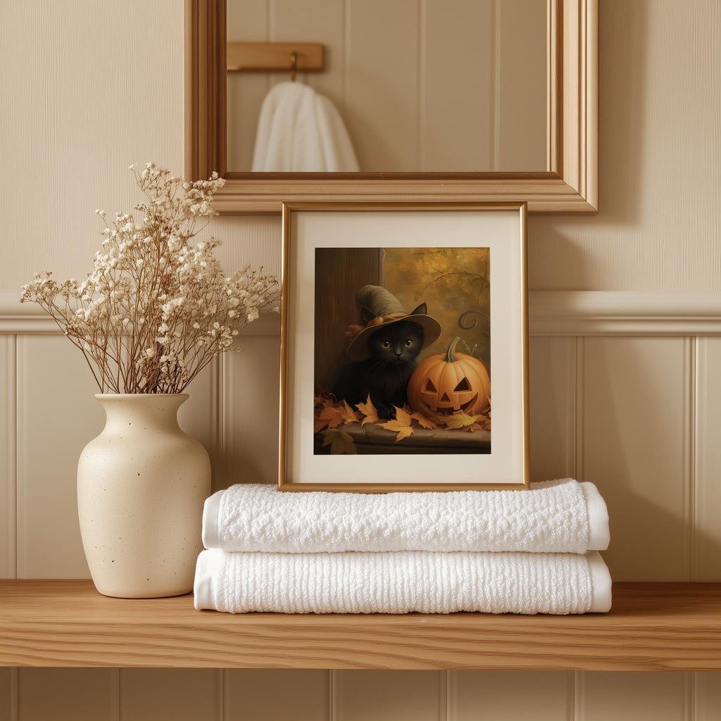 Kitten Jack-o-Lantern Halloween art print shown in a room setting