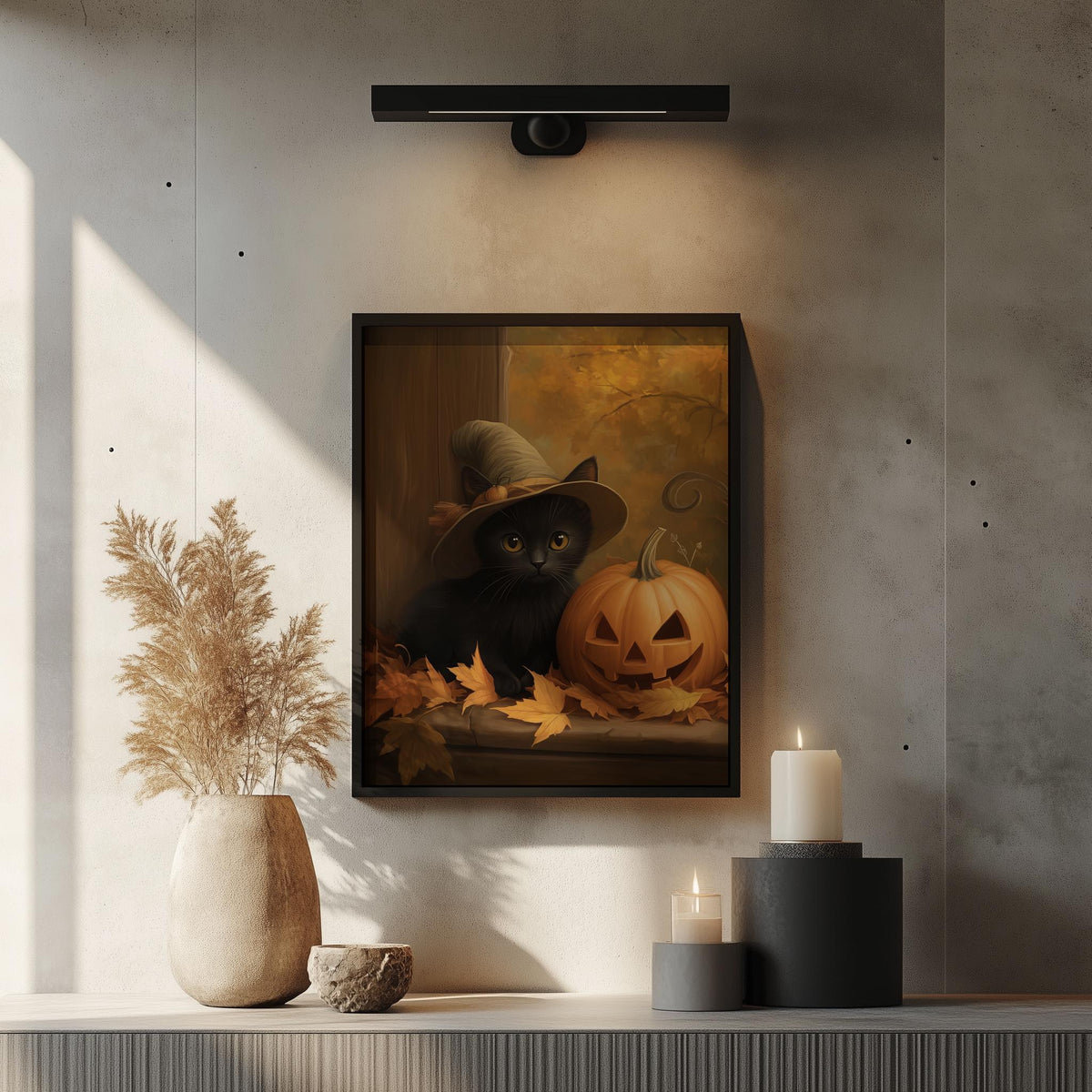 Kitten Jack-o-Lantern Halloween art print shown in a room setting