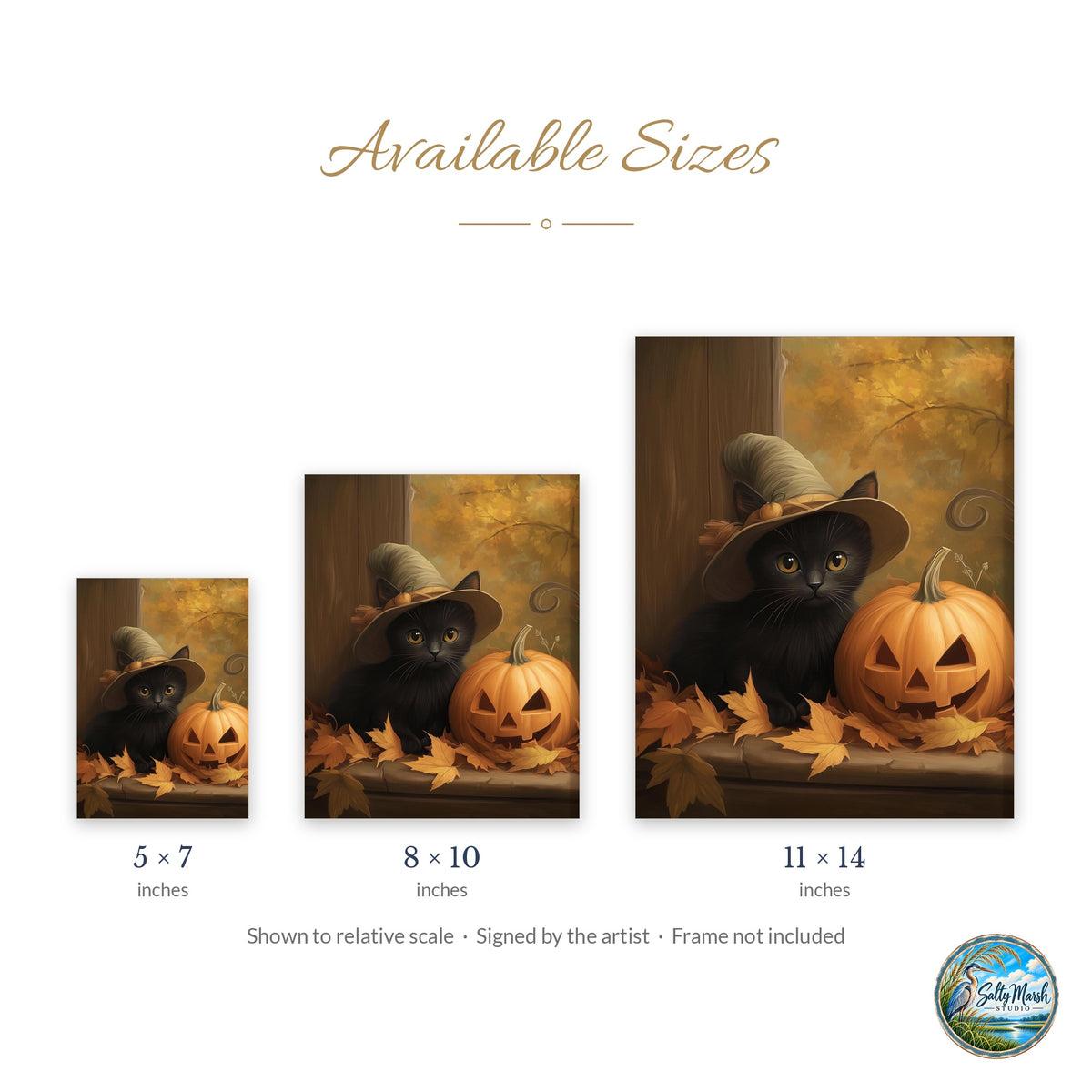 Kitten Jack-o-Lantern art print size guide: 5x7, 8x10 and 11x14
