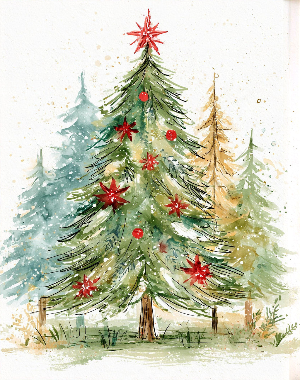 Poinsettia Tree Christmas art print unframed, signed by Pattie Overcash