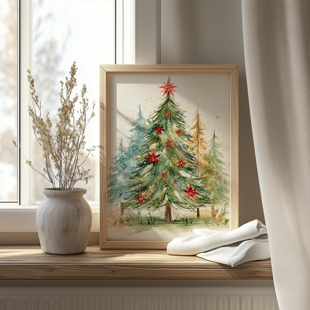 Poinsettia Tree Christmas art print shown in a room setting