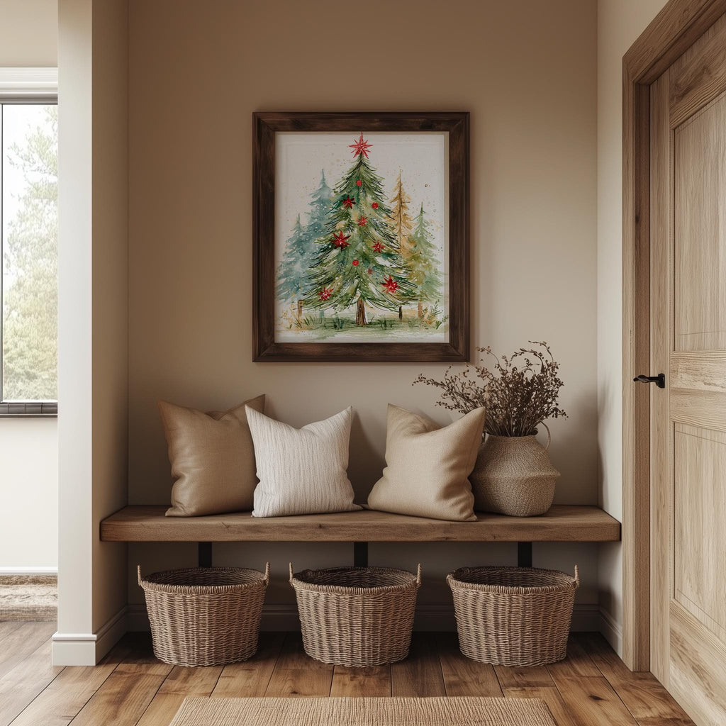Poinsettia Tree Christmas art print shown in a room setting