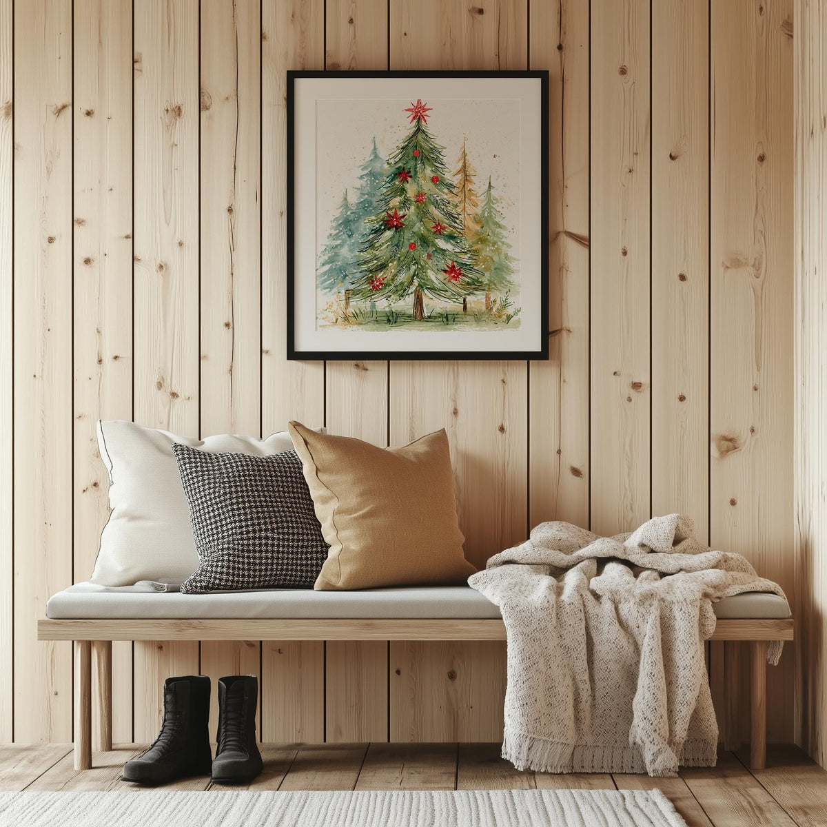 Poinsettia Tree Christmas art print shown in a room setting