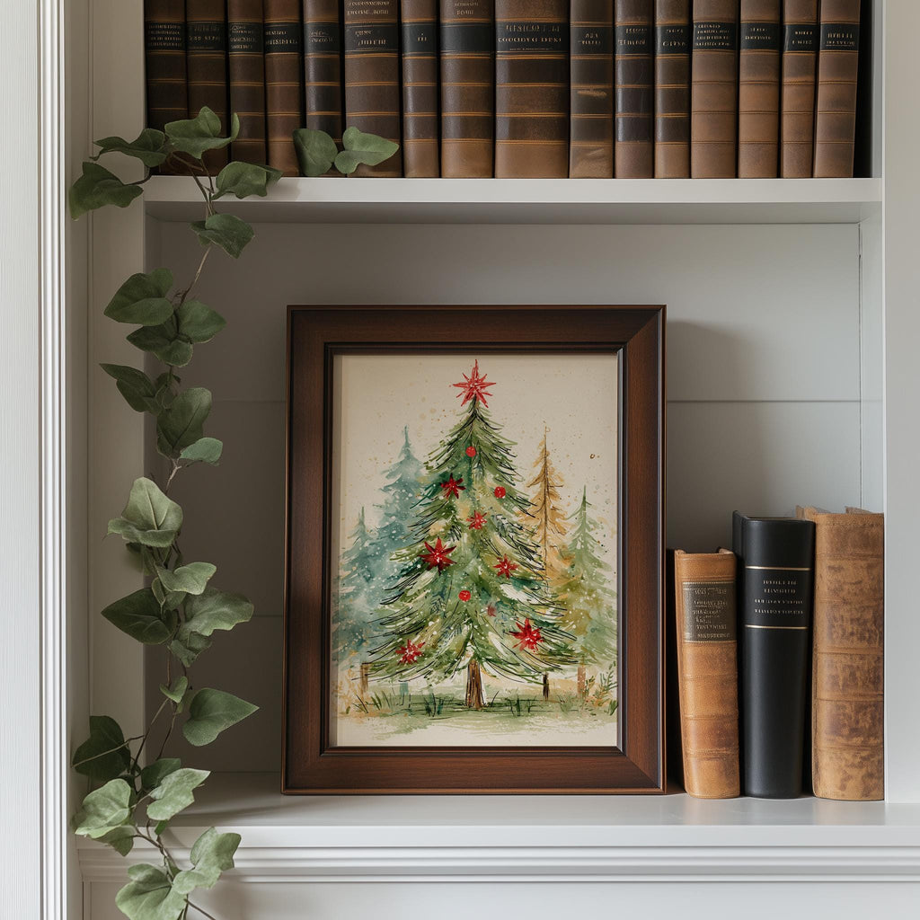 Poinsettia Tree Christmas art print shown in a room setting