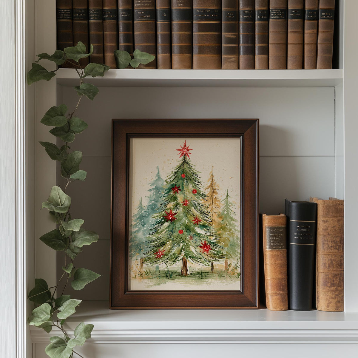 Poinsettia Tree Christmas art print shown in a room setting