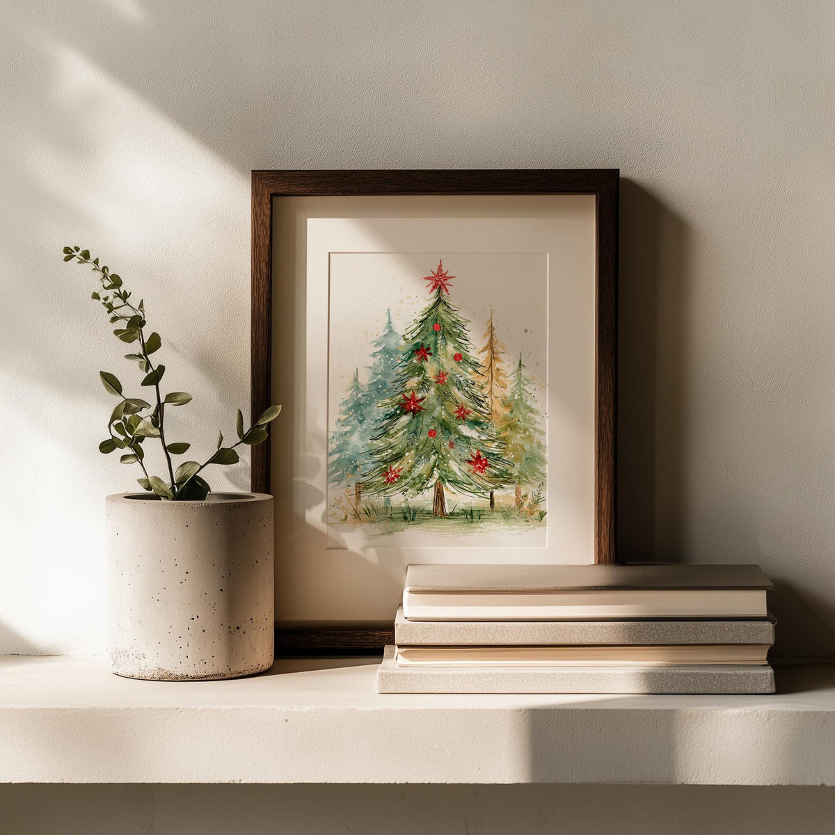 Poinsettia Tree Christmas art print shown in a room setting