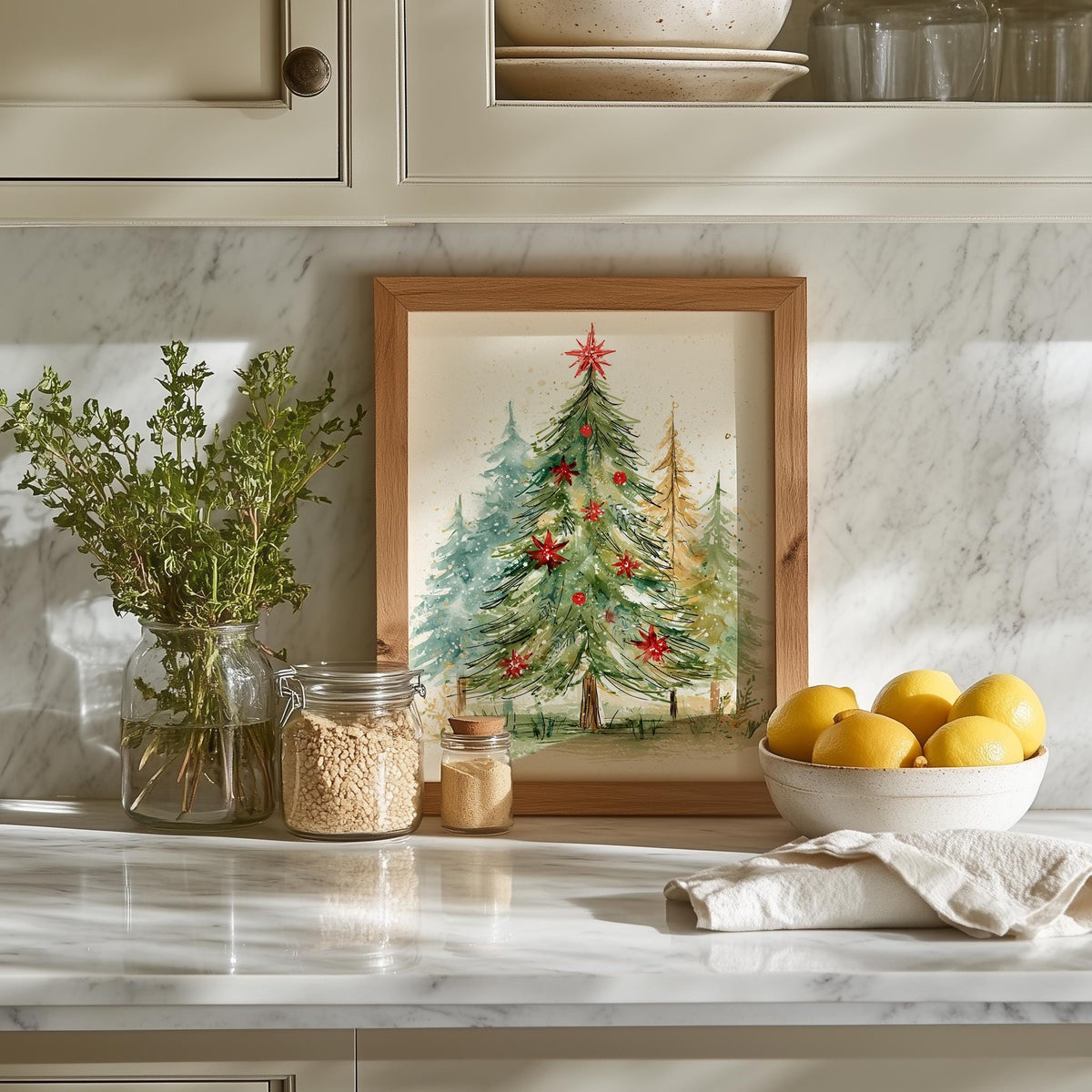 Poinsettia Tree Christmas art print shown in a room setting