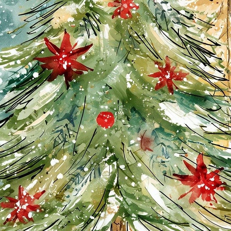 Poinsettia Tree Christmas art print close-up detail