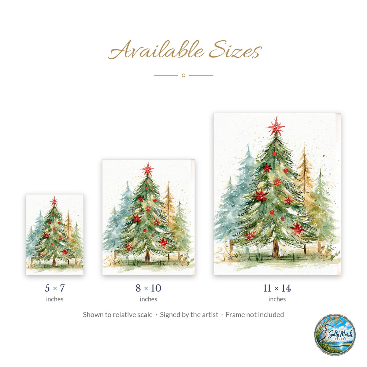 Poinsettia Tree art print size guide: 5x7, 8x10 and 11x14