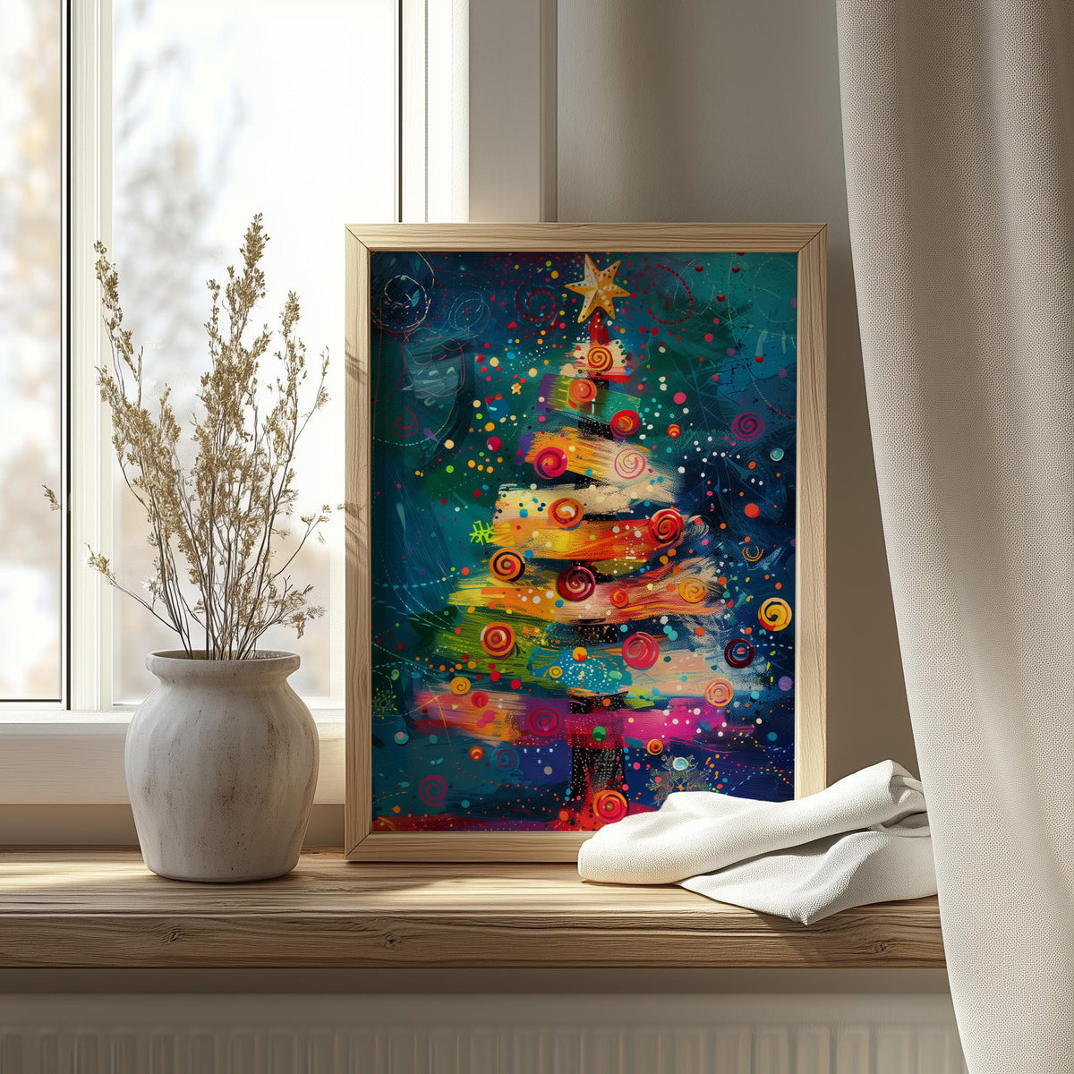 Color Pop Tree Christmas art print shown in a room setting