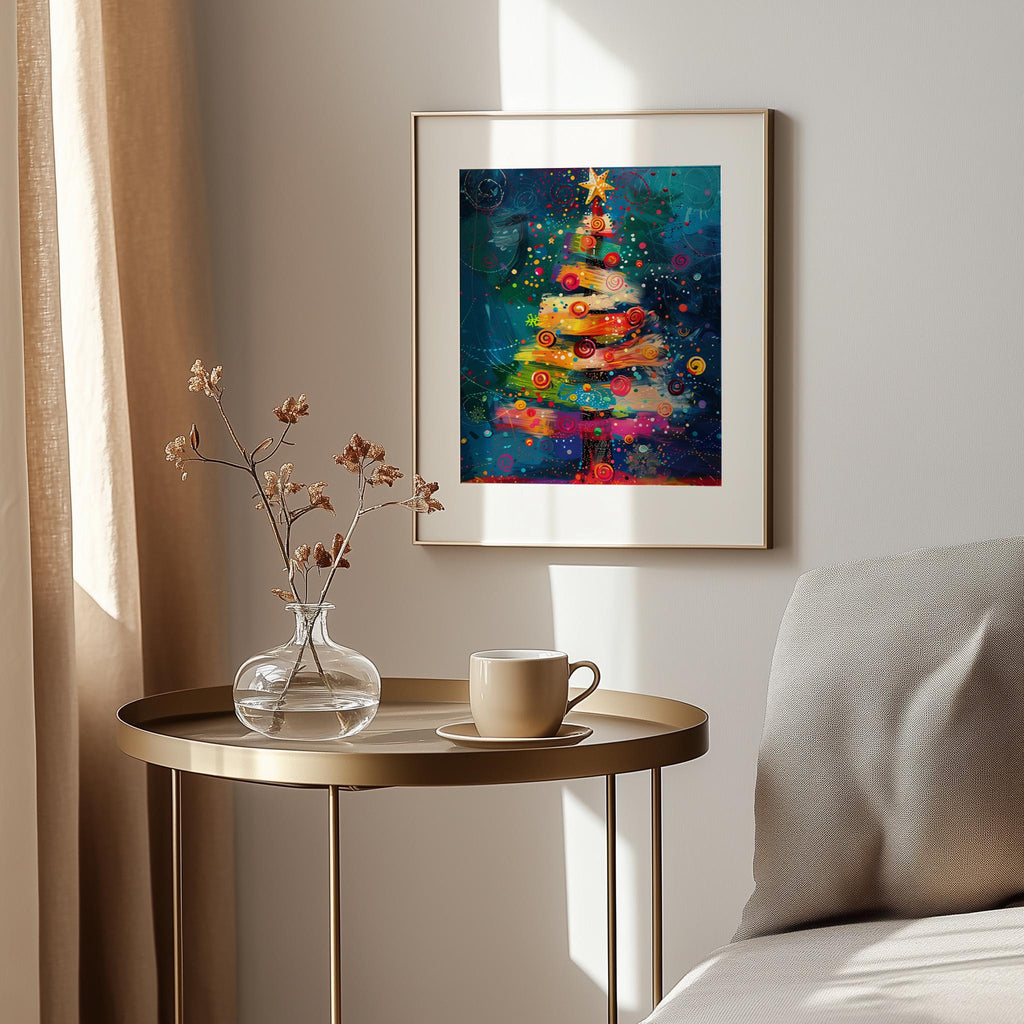 Color Pop Tree Christmas art print shown in a room setting