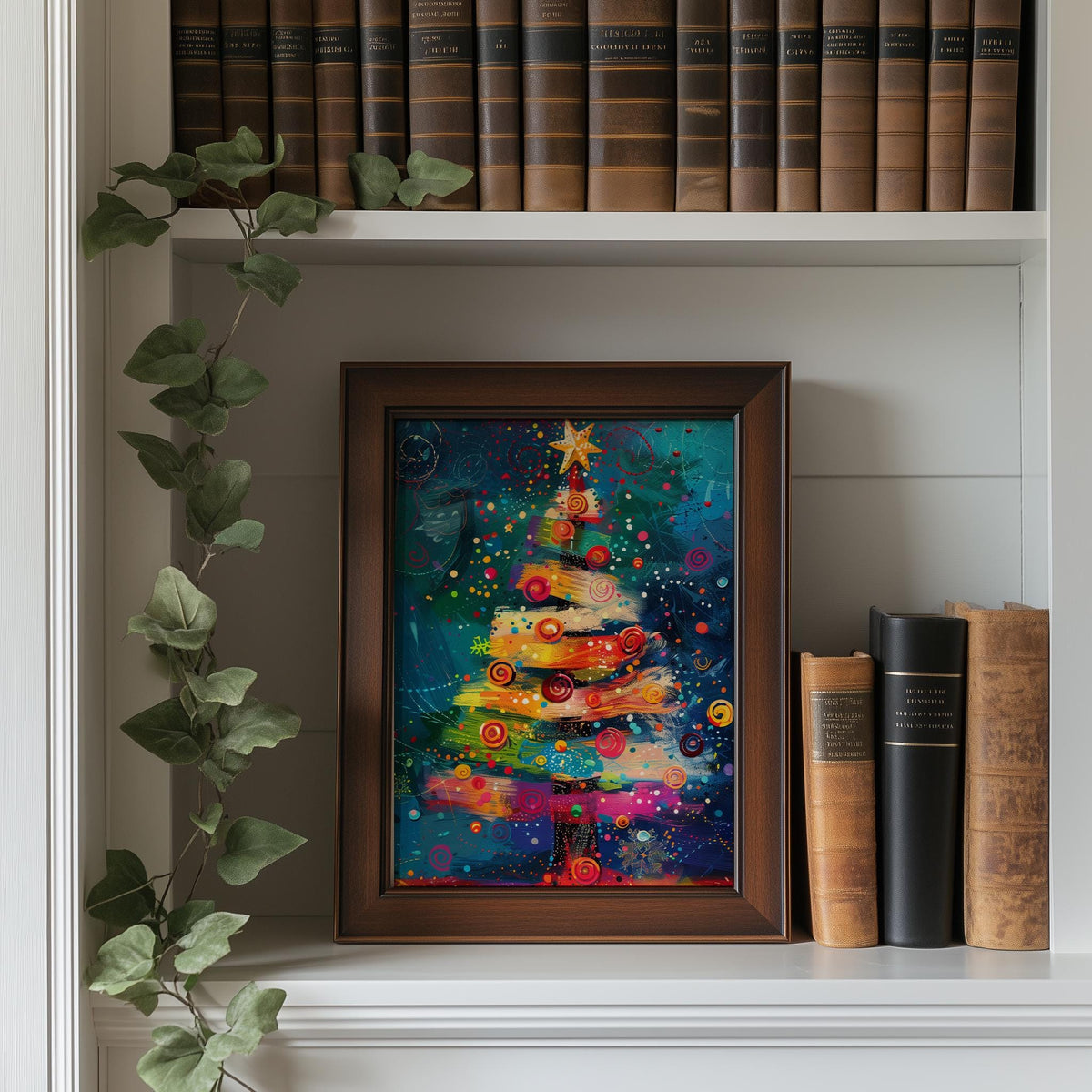 Color Pop Tree Christmas art print shown in a room setting