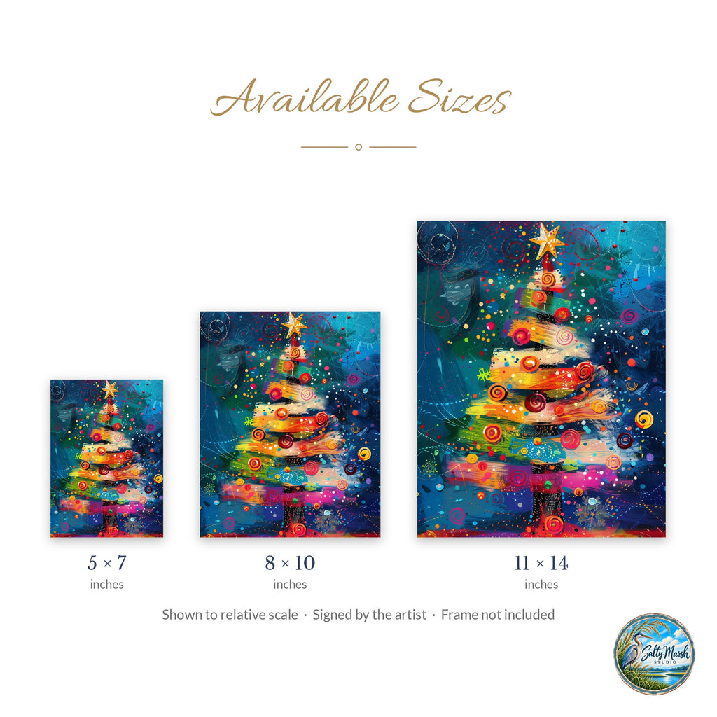 Color Pop Tree art print size guide: 5x7, 8x10 and 11x14
