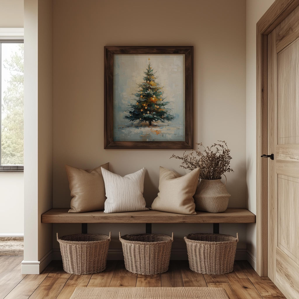 Golden Tree Christmas art print shown in a room setting