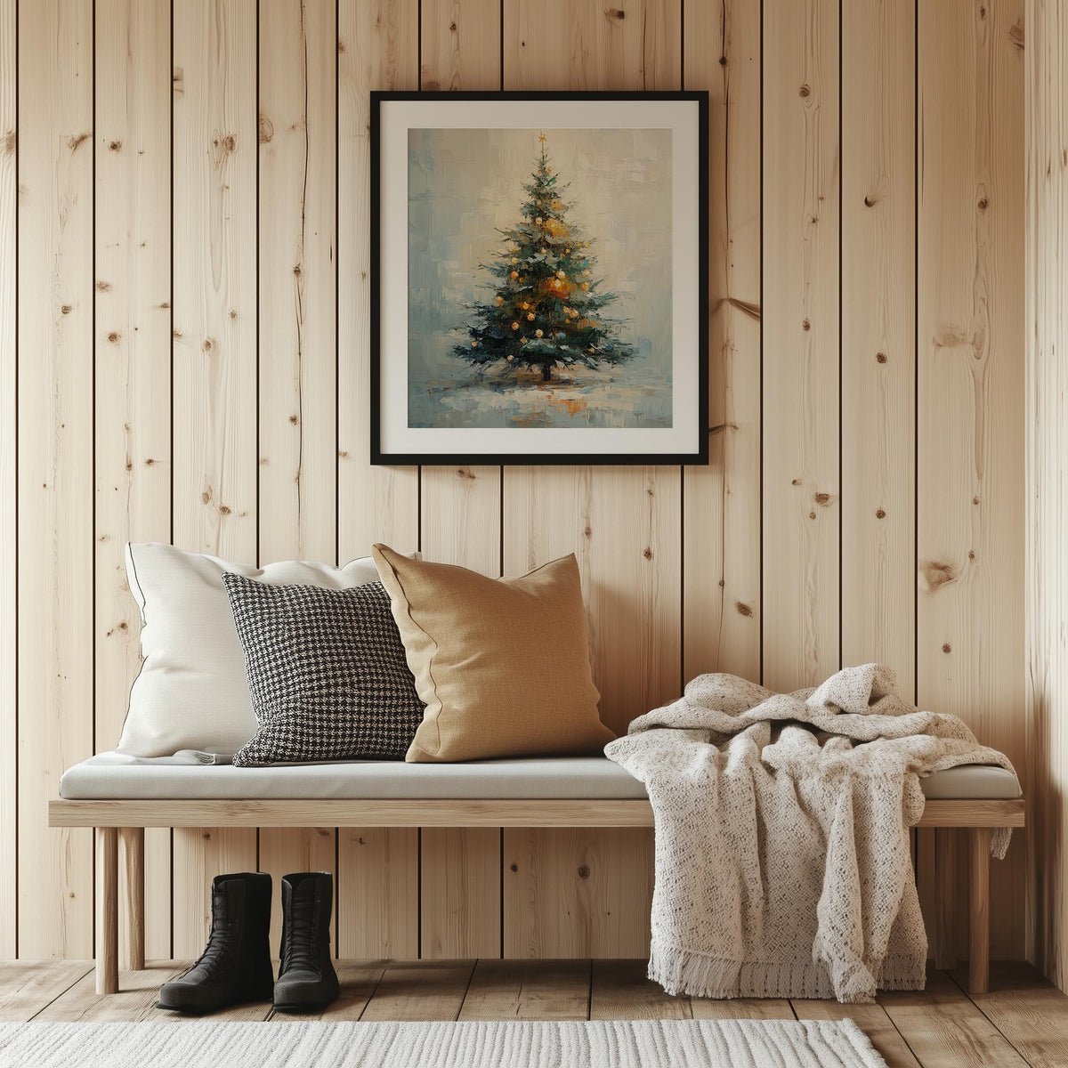 Golden Tree Christmas art print shown in a room setting
