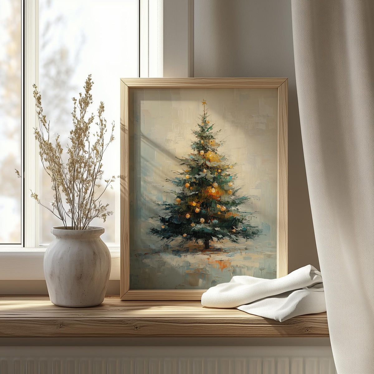 Golden Tree Christmas art print shown in a room setting