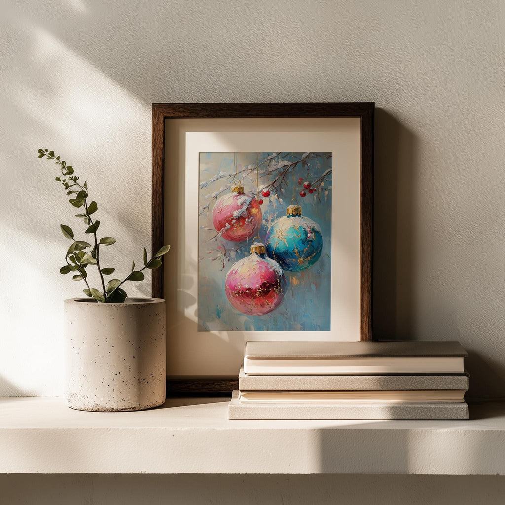 Pastel Ornaments Christmas art print shown in a room setting