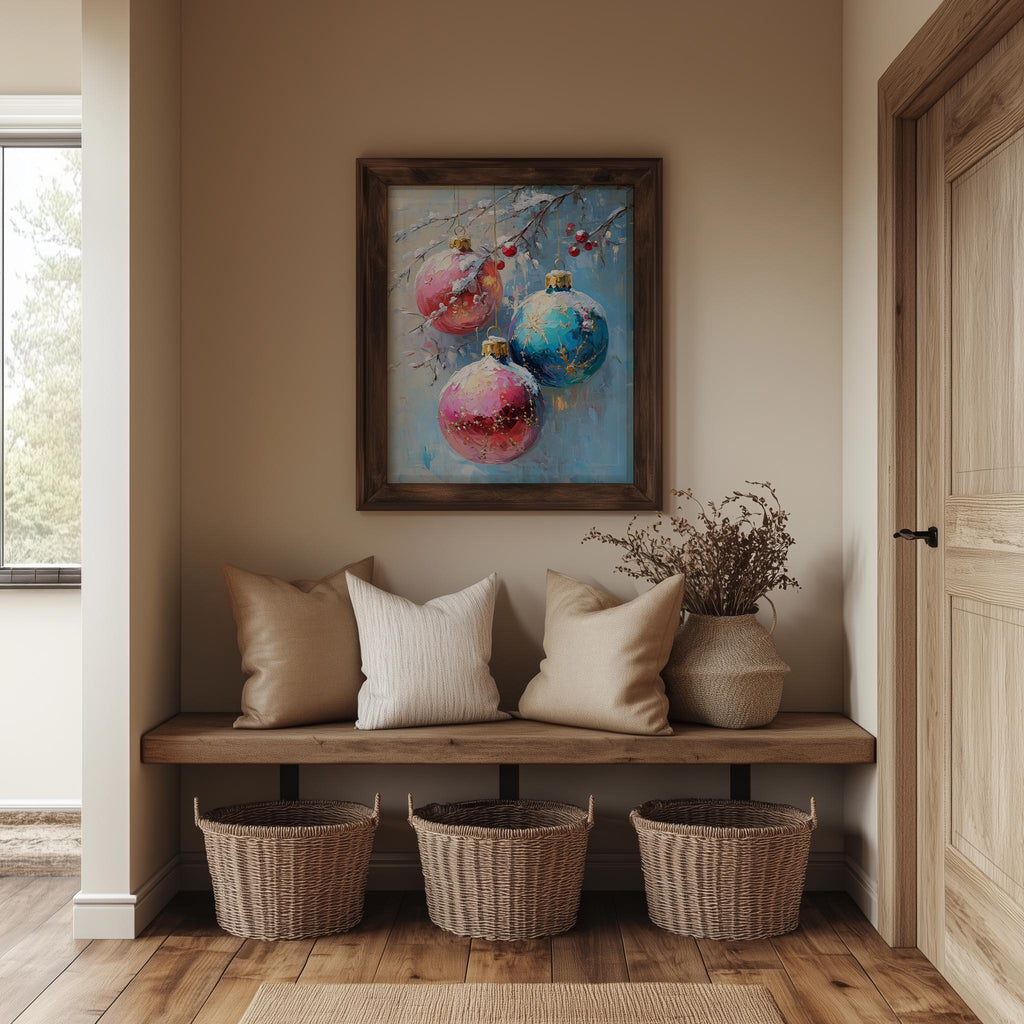 Pastel Ornaments Christmas art print shown in a room setting