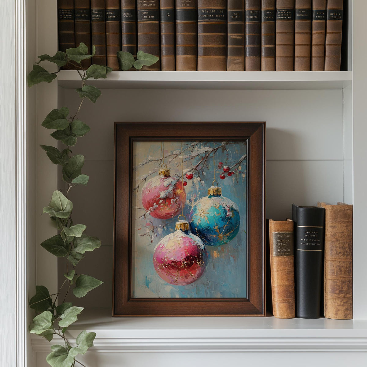 Pastel Ornaments Christmas art print shown in a room setting