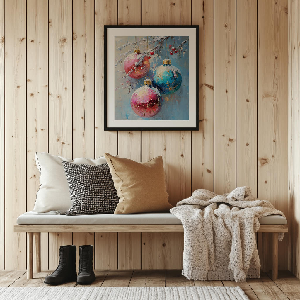 Pastel Ornaments Christmas art print shown in a room setting