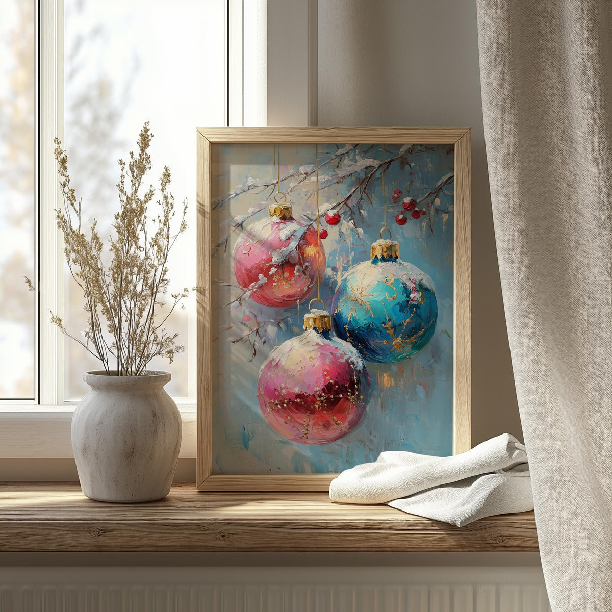 Pastel Ornaments Christmas art print shown in a room setting