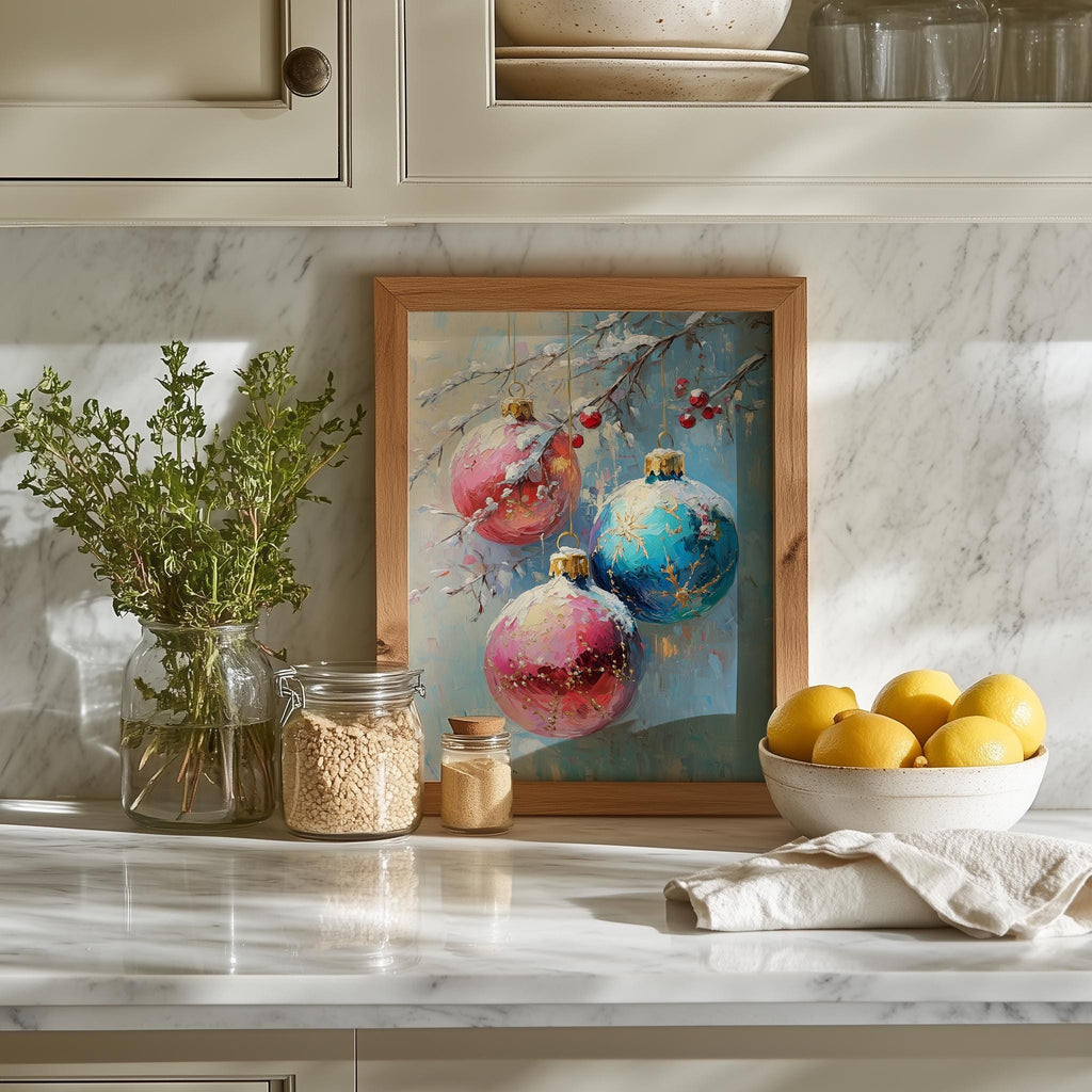 Pastel Ornaments Christmas art print shown in a room setting