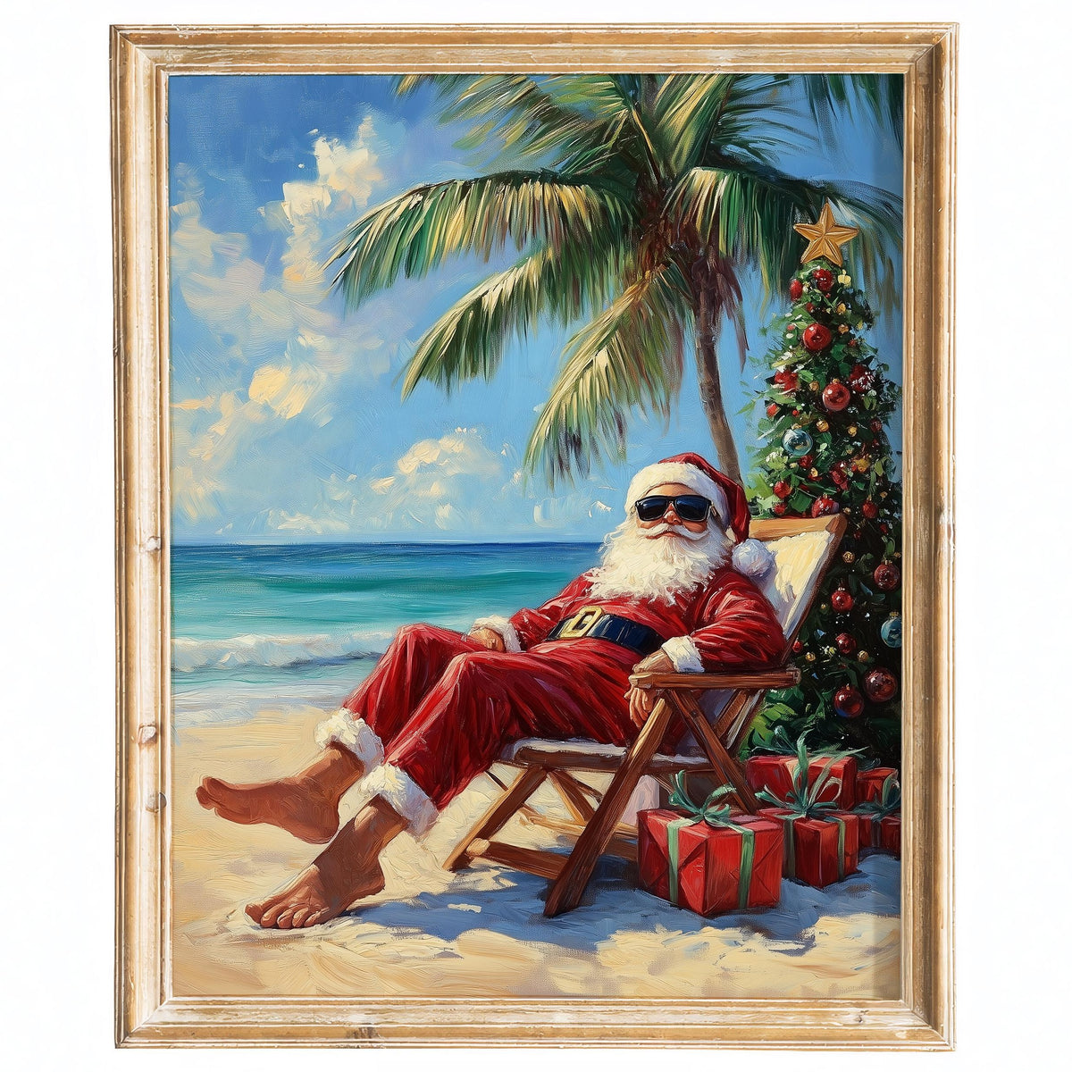 Beach Santa Christmas art print framed