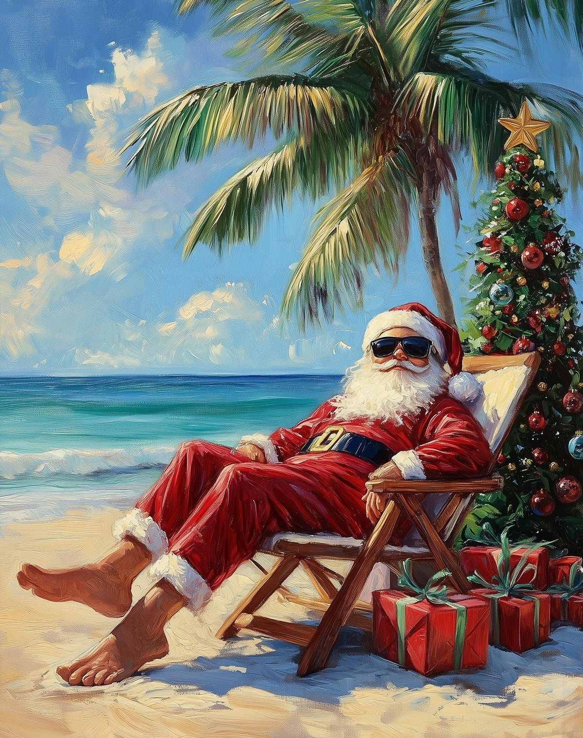 Beach Santa Christmas art print unframed, signed by Pattie Overcash