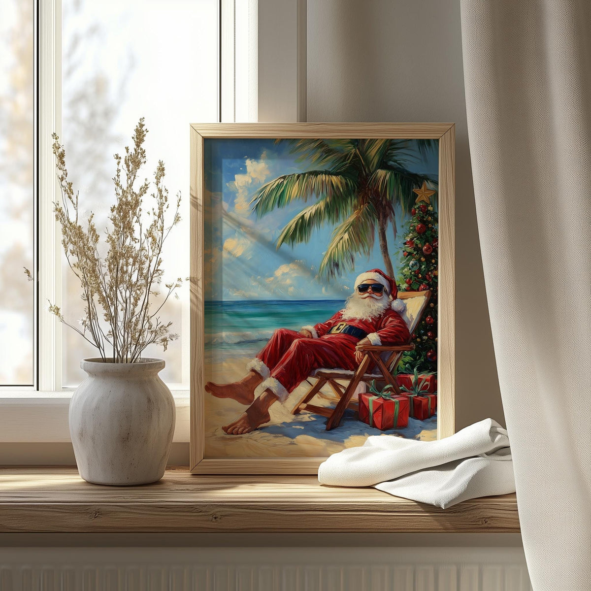Beach Santa Christmas art print shown in a room setting